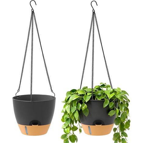 Pot Suspendu à Arrosage Automatique - Lot de 2 Pots de Fleurs avec Système d'Irrigation - 20.3x17.8cm - Noir avec Chaîne - pour Intérieur et Extérieur (1/5)