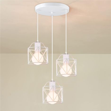 3 Lampes Suspension Luminaire Industriel Vintage en Métal Cage Hexagone Lustre Plafonnier Abat-Jour Géométrique Design Luminaire E27 Lampe de Plafond pour Chambre salle à manger Salon (Blanc) (1/5)