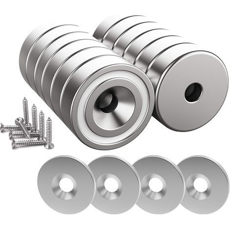 12 pièces Aimants en néodyme 10 KG force 20 x 7 mm avec trou et capsule, aimant en pot fraisé avec vis et 12 coussins en acier (Argent Brillant) (1/5)