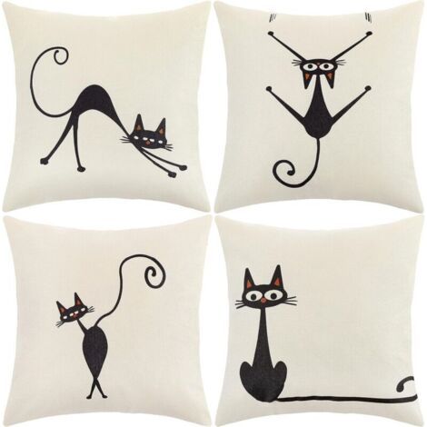 Housse Coussin 45x45 Taie d'oreiller Lot de 4 Housses Coussin Decoratif Fleurs La Vie Marine Plante Tropicale Schéma pour Canapé Chaise de Salon (Chat-Coton Lin) (1/5)