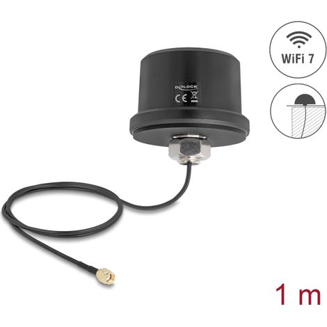 Delock WiFi 7 Antena macho RP-SMA 3,1 - 3,5 dBi omnidireccional con cable de conexiÃ³n ULA100 1 m montaje en el techo para exteriores negro