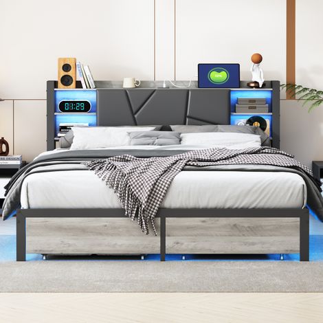 Lit Coffre 140 x 200, LED Lit 2 Personnes, Lit Rembourré avec 2 Tiroirs, Lit Tête, Applicable à Chambres Sans Débarras Séparé ou Espace Placard Insuffisant (1/5)