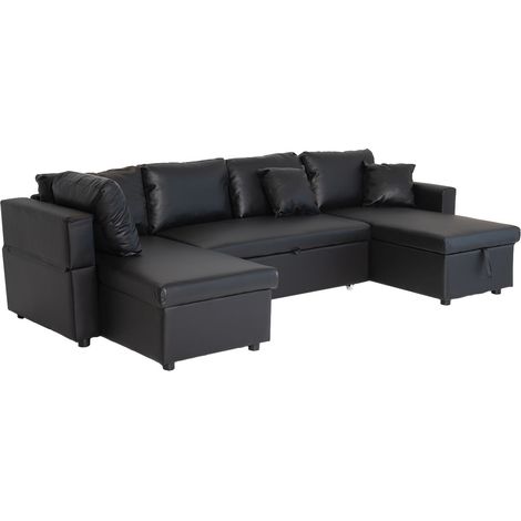 Happy Garden – Canapé panoramique convertible 4 places noir – Dimensions L 294 × l 146 × H 85cm – Rangement sous méridienne – Revêtement simili, mousse 40D