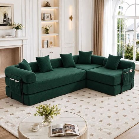 Canapé Convertible Modulable En Tissu Vert, Avec 6 Coussins - Canapé-Lit - Pliable, Gain De Place, Design Moderne, Très Confortable. (1/5)