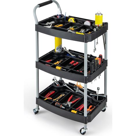 COSTWAY Chariot Servante d'Atelier à 3 Niveaux avec Roues Universelles, Chariot à Outils Roulant Séparateur Multiple Poignée en Éponge Charge 45KG, 59 x 45 x 107 cm, Noir (1/5)