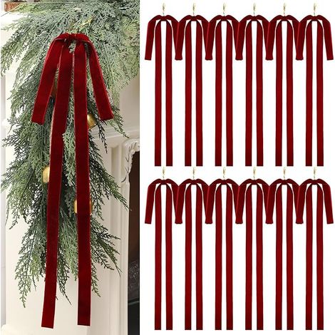 12 pièces de nœuds décoratifs de Noël en velours long bordeaux, guirlande de Noël 23.5x15.5 pouces, grands nœuds de Noël vintage en velours pour couronnes d'escalier, nœuds de haut de sapin, grand nœu (1/4)