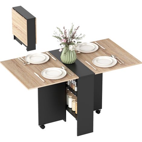 Table de cuisine pliante avec roues, 2 étagères de rangement et 2 ailes pliantes, style moderne 75 x 140 x 74 cm naturel (1/5)