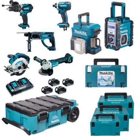 Pack MAKITA MAKTRAK 5 machines 18 V batteries 5 Ah + radio + machine à café + glacière