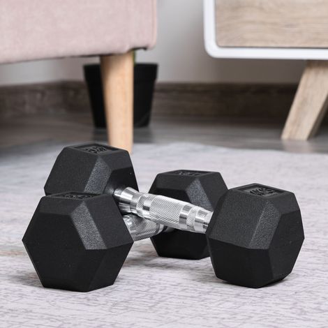 Ensemble d'haltères courtes, lot de 2 haltères hexagonaux recouverts de caoutchouc, acier noir (1/5)