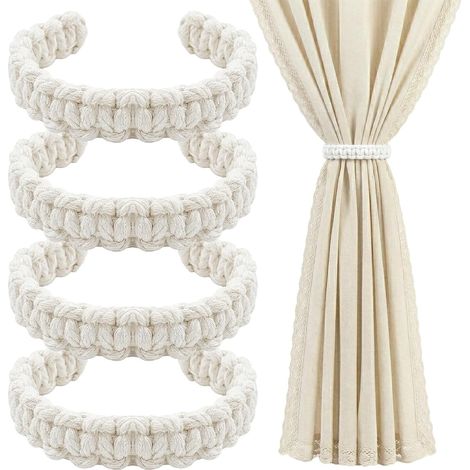 Lot de 4 Embrasses de Rideaux Bohème,Attache Rideau,Embrasses De Rideaux Tissés,Convient pour Le Salon, la Chambre à Coucher et Le Bureau (Blanc) (1/5)