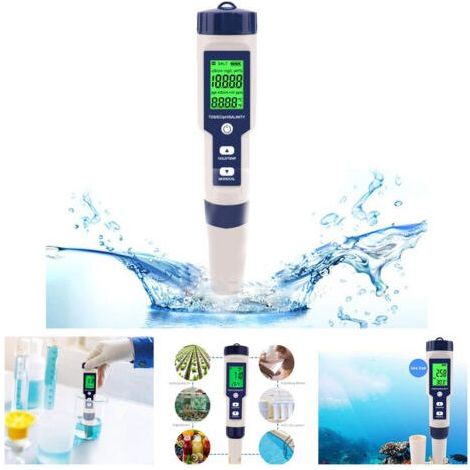 Digitales 5-in-1-pH-Meter – Wasserqualitätsprüfer – Misst pH-Wert, elektrische Leitfähigkeit, Gesamtfeststoffe, Salzgehalt und Temperatur – Auflösung: 0,01 – Hintergrundbeleuchtetes LCD-Display (1/5)