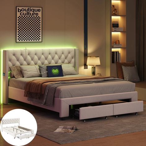 Lit double 140x190 cm - LED et USB - tissu en velours - sommier - tête de lit Capitonné - 2 tiroirs - pochette - cadre de lit -beige (1/5)
