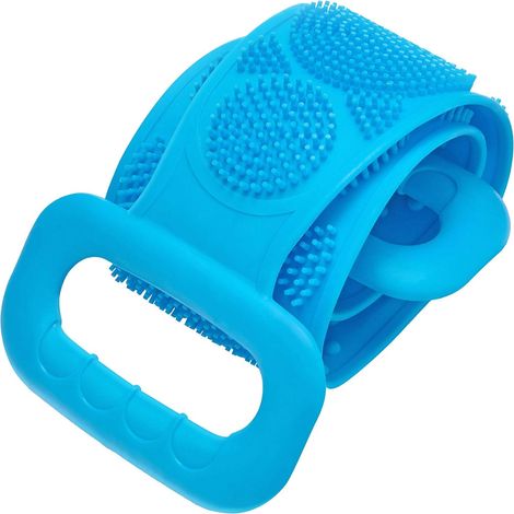 Brosse de bain en silicone pour le corps, gommage du dos, serviette de douche exfoliante, sangle à long manche, ceinture de gommage bleue (1/5)