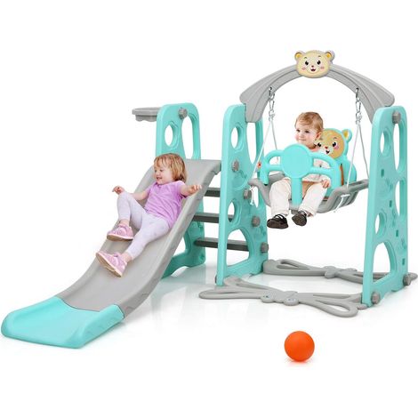 COSTWAY 4 in 1 Kinder Spielplatz, Kinder Rutsche Kletterleiter & Schaukel & Basketballkorb für Kinder, Schaukelgeruest, Kinderschaukel, Kinderrutsche fuer Outdoor und Indoor Grün