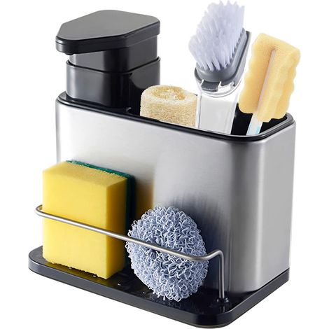 Distributeur de Liquide Vaisselle et Porte-Éponge en Acier Inoxydable - Organisateur Multifonction pour Évier de Cuisine (1/5)