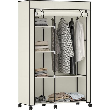 Armoire penderie en tissu meuble de rangement 6 roulettes trengle à vêtements et étagères ouvertes 103x43x162.5cm crème