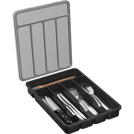 Range Couverts pour Tiroir avec Couvercle, Boîte de Rangement Couverts de Cuisine, Organisateur de Couverts en Plastique, pour Cuillères Fourchettes, Couteaux, 5 Compartiments, Noir (1/5)