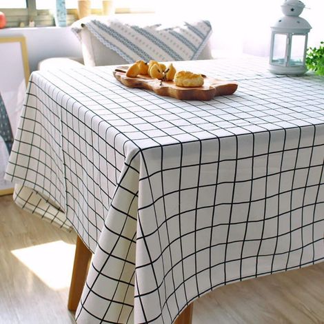 Karierte Tischdecke Baumwolle-Leinen 140x220 cm Weiß/Schwarz, Waschbar