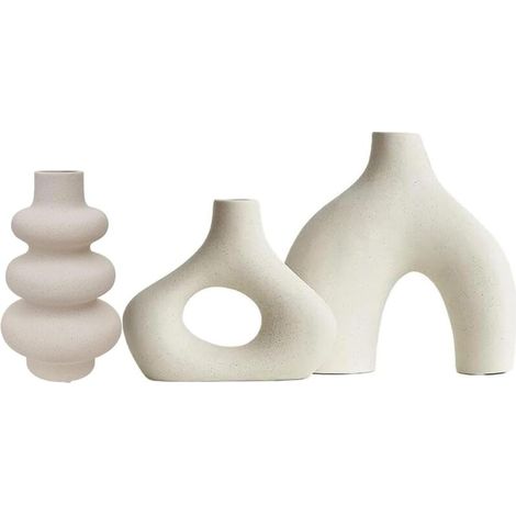 Lot de 3 vases en céramique beige - Pour décoration de salon, mariage, dîner, table, fête, bureau et chambre à coucher (1/4)