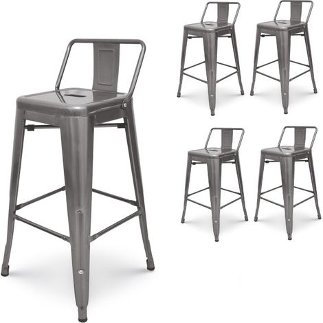 Kosmi – Lot de 4 tabourets de bar en métal brut galvanisé – Avec dossier – Hauteur 66cm – Style industriel pour cuisine ou bar