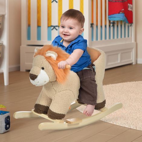 HOMCOM Cheval à Bascule modèle Lion Fonction Musicale Selle Grand Confort Peluche Courte Douce Pour Enfants 18-36 Mois Bois peuplier Marron dim. 68L x 35l x 50H cm