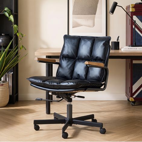 Silla de oficina de cuero negro con ruedas, reposabrazos de roble y altura ajustable OKWISH (1/5)