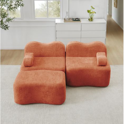 Divano modulare angolare a L 2 posti con 1 pouf in velluto arancione (1/5)
