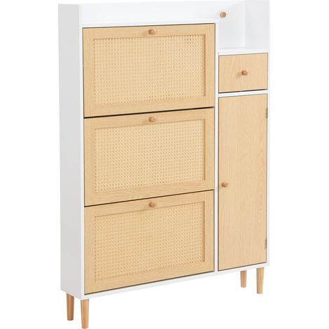 Zapatero estrecho de MDF y ratán con 3 puertas abatibles y 1 cajón, 90x17x125 cm (1/5)
