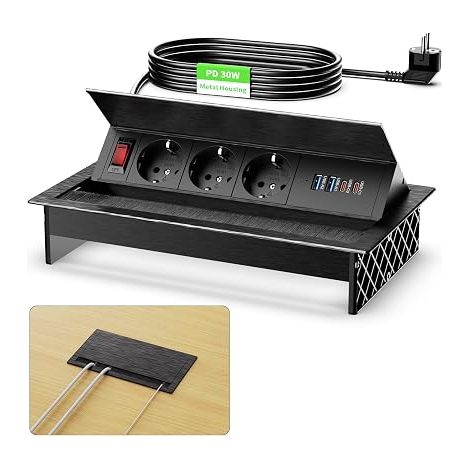 Multiprise Encastrable 2 USB C 30W Aluminium Prise Encastrable Plan de Travail avec Interrupteur Bloc Prise Escamotable pour Cuisines Bureaux Salle de Réunion 1.8M Câble Noir (1/5)