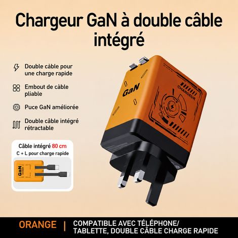 Chargeur secteur GaN 120W double câble rétractable prise UK orange réf 6711 157 g – Livraison gratuite