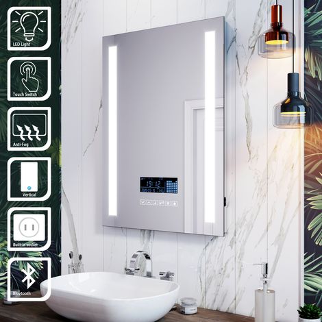 ELEGANT Bluetooth Audio Mirror Fast Anti-Fog Bathroom Mirror with LED 600x800mm Shaver Socket, Clock Function (1/8)