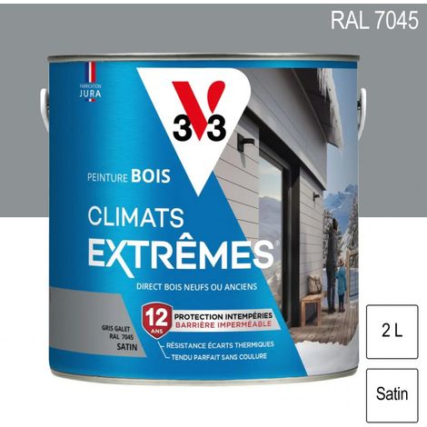 V33 – Peinture bois extérieur Climats Extrêmes RAL 7045 gris galet satin 2L – Résistance -40°C à +60°C – Barrière imperméable