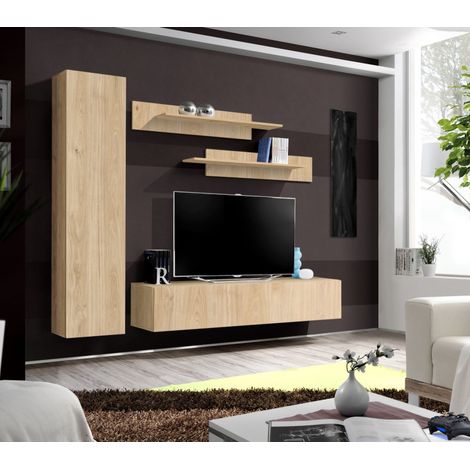 Ensemble meuble TV mural Fly G1 - Bois MDF chêne Hickory Jackson - 200 x 170 x 40 cm - Livraison gratuite