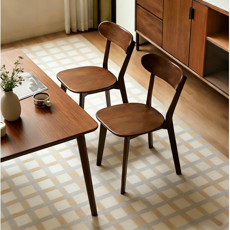 Juego de 2 sillas de comedor de estilo mid century modern, respaldo curvado, madera maciza, color nogal (1/5)