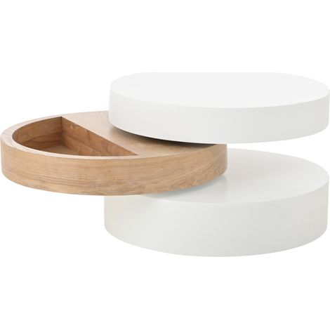 Table basse rotative 360 cylindrique 60 cm avec rangement caché, 3 niveaux, blanc et bois (1/5)