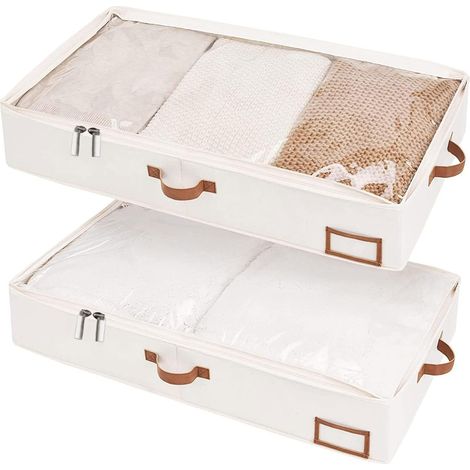 Lot de 2 boîtes de rangement sous lit 85x45x15 cm avec couvercle - Sac de rangement pour vêtements, couettes et couvertures - Beige
