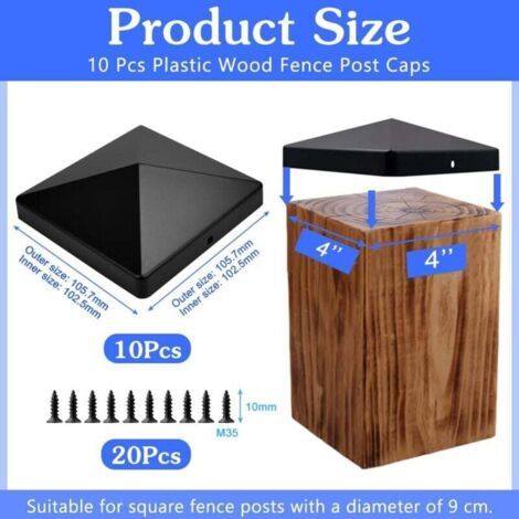NALOOKAMIC 10 PCS Capuchon pour Poteau de Cloture, Capuchons de Poteau en Plastique Cache Poteau 10x10 Capuchon de Protection pour Poteau en Bois Chapeaux pour Poteaux Cloture Noir avec 20 Vis