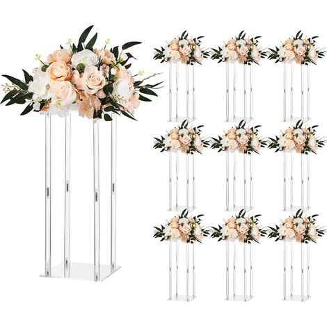 Support Fleur Mariage Colonne Lot de 10 Support Fleur Centre de Table Mariage Acrylique 50 cm Présentoir Floral pour Fêtes, Anniversaires, Déco Intérieure, Pieds Cylindre Panneaux Transparents (1/5)
