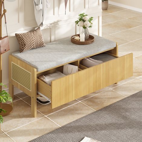 Banc à chaussures avec rangement, bambou et MDF, 113 x 40 x 45,5 cm, naturel et gris HAVRYA (1/5)