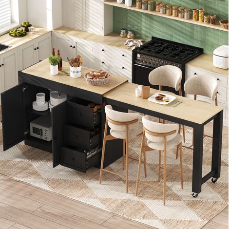 Isola cucina mobile con piano estraibile, portaspezie e 3 cassetti, MDF, nero (1/5)
