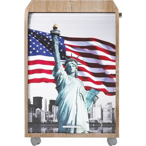 Caisson à rideau sur roulettes 2 tiroirs bois clair imprimé statue de la liberté Orga 70cm (1/3)