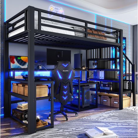Cama Alta 90x200 Cm Estructura Metal Y Mdf Negro