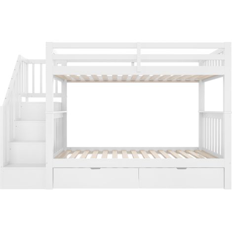 Litera 90 x 200 cm con escalera de almacenamiento, 2 cajones, barandillas altas, blanca (1/5)