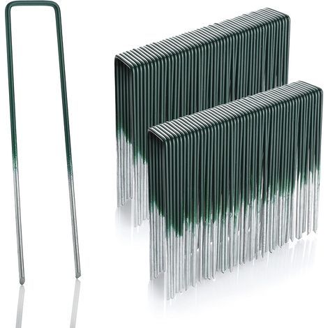100x Piquets en Acier galvanisé à Chaud pour Gazon synthétique - Hauteur 15 cm Largeur 2,5cm Acier 2,9mm - Tête Plate - Vert et Acier (1/5)