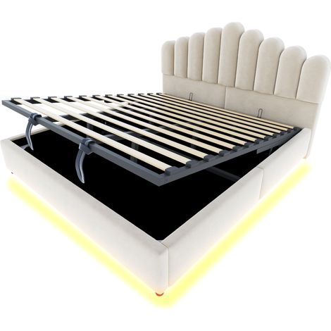 Lit double 180 × 200 cm en velours beige avec rangement hydraulique et éclairage LED, tête de lit rembourrée confortable sans matelas (1/5)