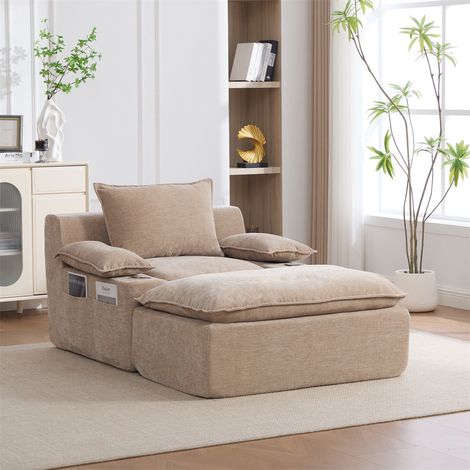 Fauteuil Relax avec Pouf - 113x93x81cm - Chaise Longue Sous Vide Sans Montage Chenille Porte Gobelet Salon - Kaki Clair (1/5)