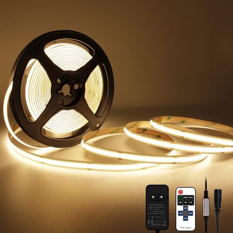 Ruban LED COB 2700K, 5M DC24V Bande LED Blanc Chaud avec Alimentation et Télécommande, 480LEDs/M, CRI 93+, Largeur 8mm, Bande Lumineuse COB Dimmable pour Chambre, Décoration de la Maison (1/5)