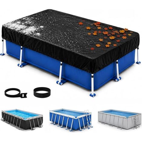 Rectangular Pool Cover 305 x 205 cm 210D Oxford Waterproof and Dustproof Pool Cover Anti-UV Tear Resistant Rectangular Pool Cover with Cord for Frame Swimming Pools (1/5)