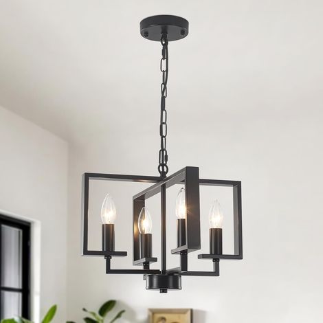 1 Lustre Suspension 4 Lampes, Hauteur Réglable, Douille E14, Métal Noir Mat, Pour Salon Cuisine
