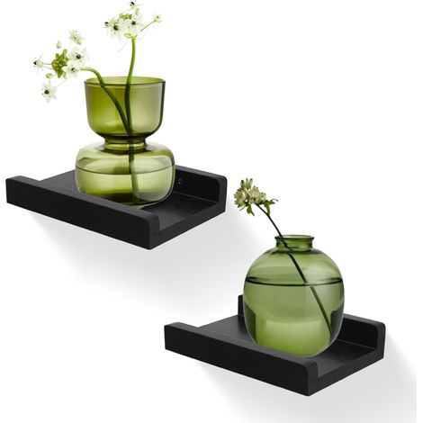 Lot de 2 petites étagères murales flottantes avec bord, barre de rangement, étagère pour haut-parleurs, décoration pour salon, cuisine, chambre à coucher, bois, 20 cm, noir (1/5)